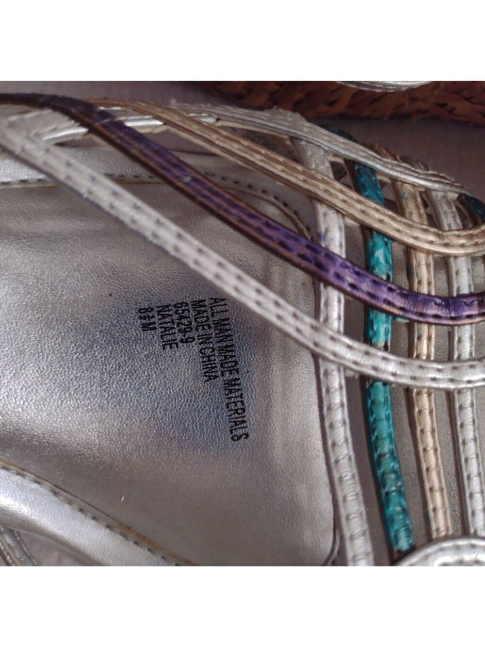 Connie Metallic Strappy Slingback Wedge 8.5 M Silver Straw Sandals - Picture 2 of 11